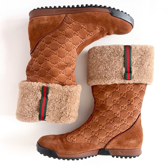 GUCCI | Apres Brown Suede Shearling GG Monogram Web Stripe Ankle Ski Boot EU36.5 - Picture 3 of 15